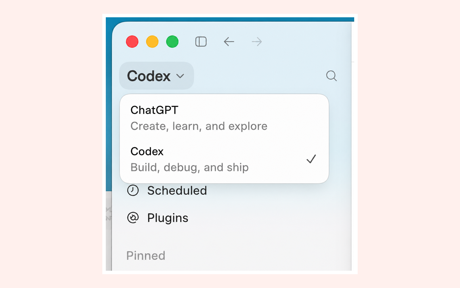 The ChatGPT desktop product switcher with Codex highlighted.
