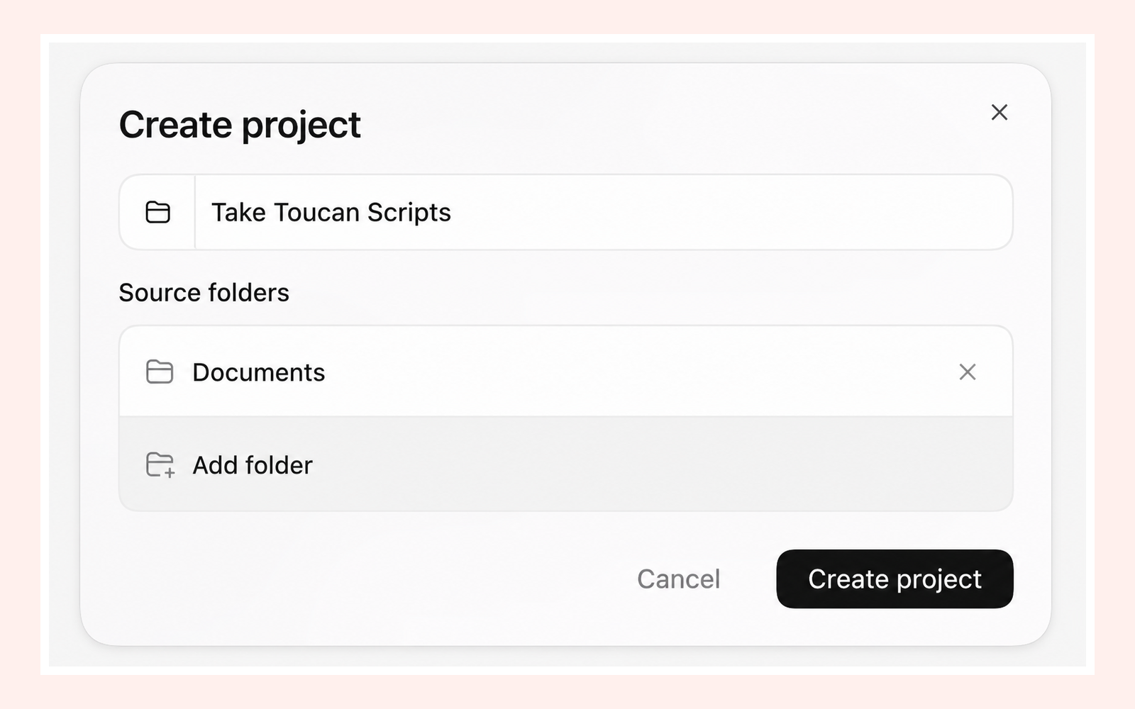 The Codex Create project screen with Documents added as a source folder and the Create project button visible.