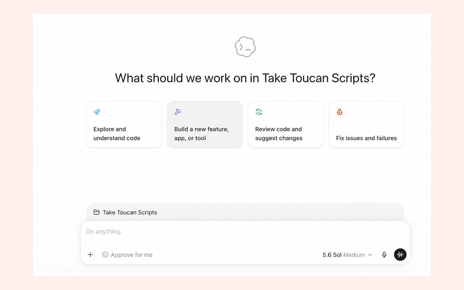 Codex ready to work locally in the Take Toucan folder.