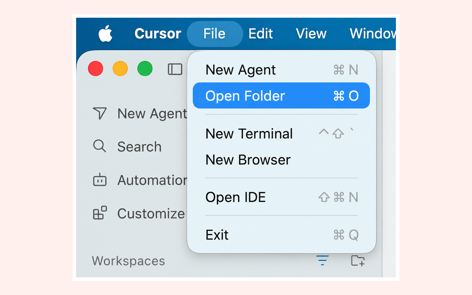 Cursor with the File menu open and Open Folder highlighted.