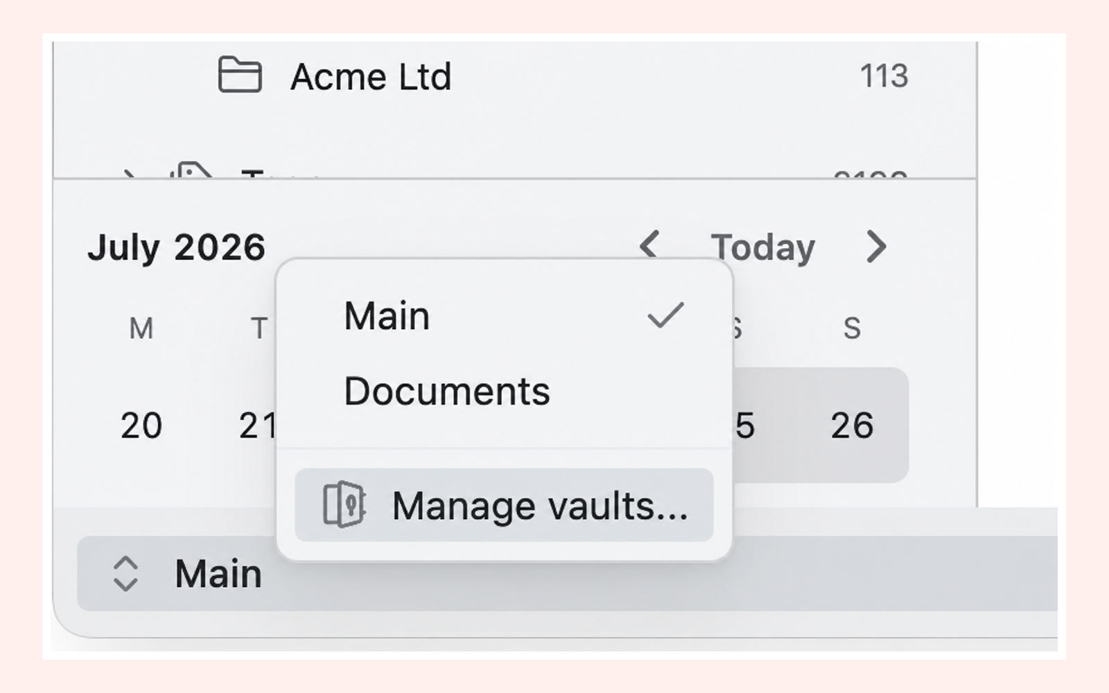 The Obsidian vault switcher with Manage vaults highlighted.